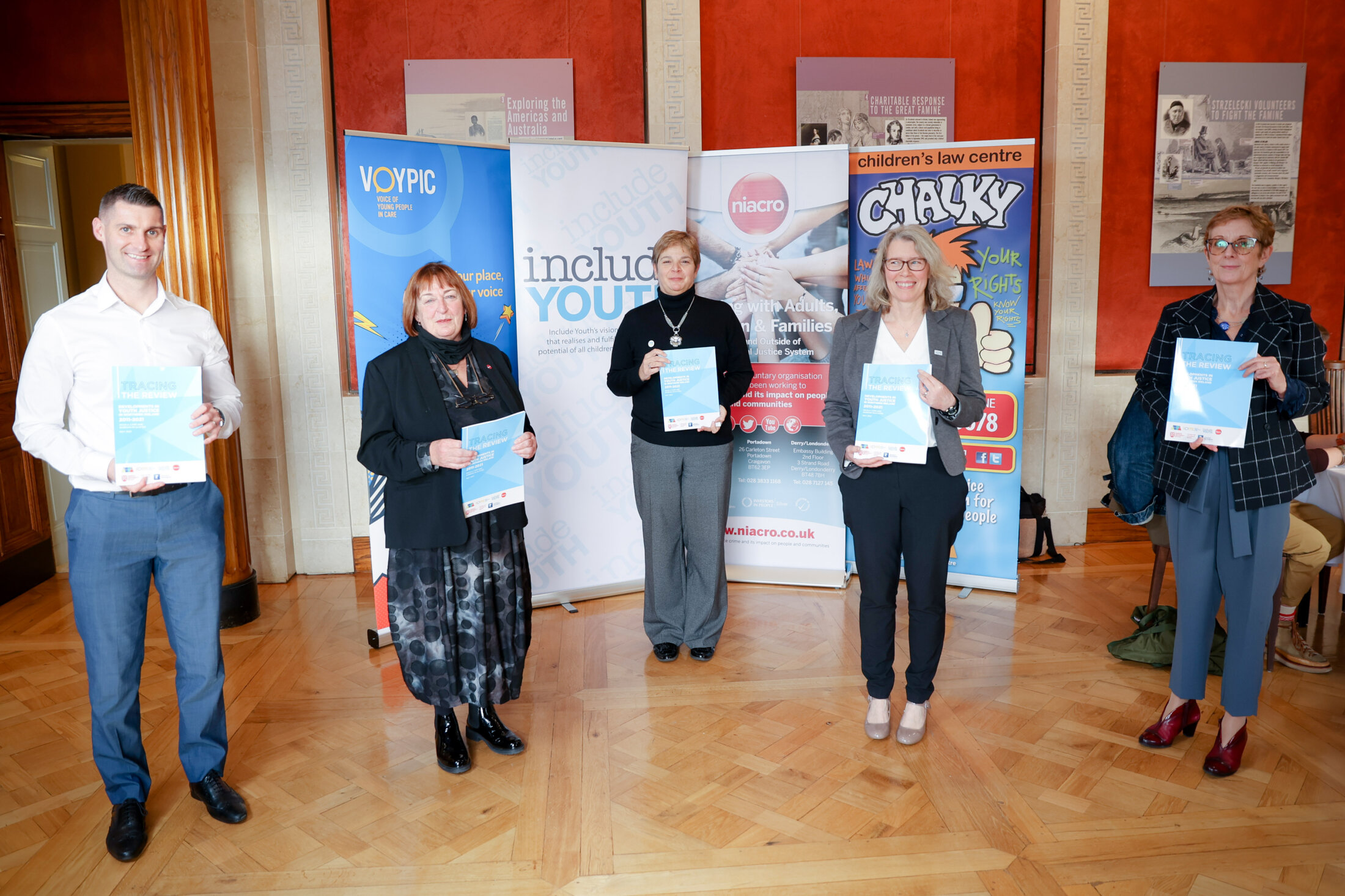 Left to right: Paul McCafferty (VOYPIC), Olwen Lyner (NIACRO), Children's Commissioner Koulla Yiasouma, Paula Rodgers (Include Youth), Paddy Kelly (CLC)
