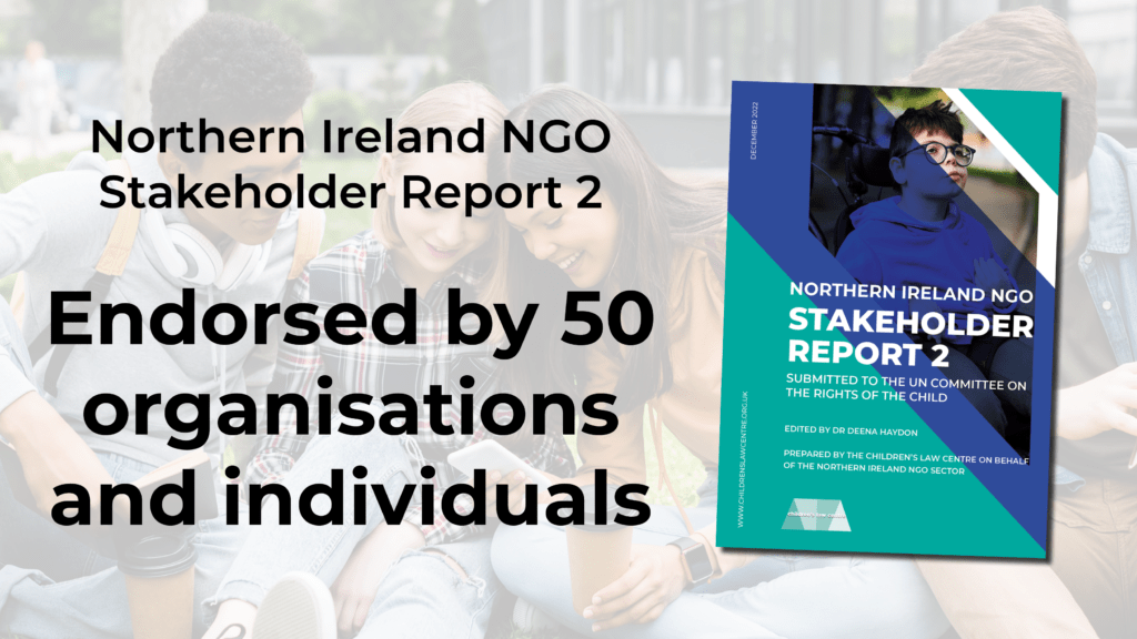 Image of report front cover with text reading 'NI NGO Stakeholder Report 2 - Endorsed by over 50 organisations and individuals'