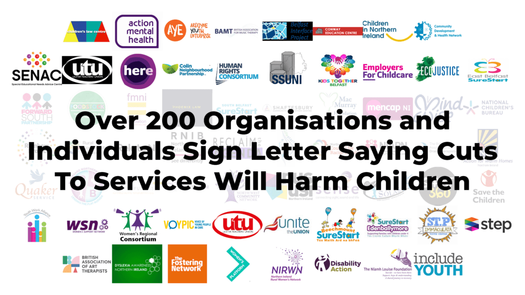 Image of large number of organisational logos, with overlay text reading: 'Over 200 organisations and individuals sign letter saying cuts to services will harm children'