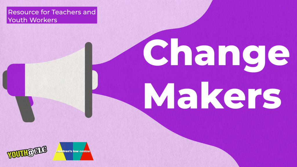 Decorative image of a megaphone with overlay text reading: "Change Makers - Resource for teachers and youth workers". Click on the image to download the teaching resource.