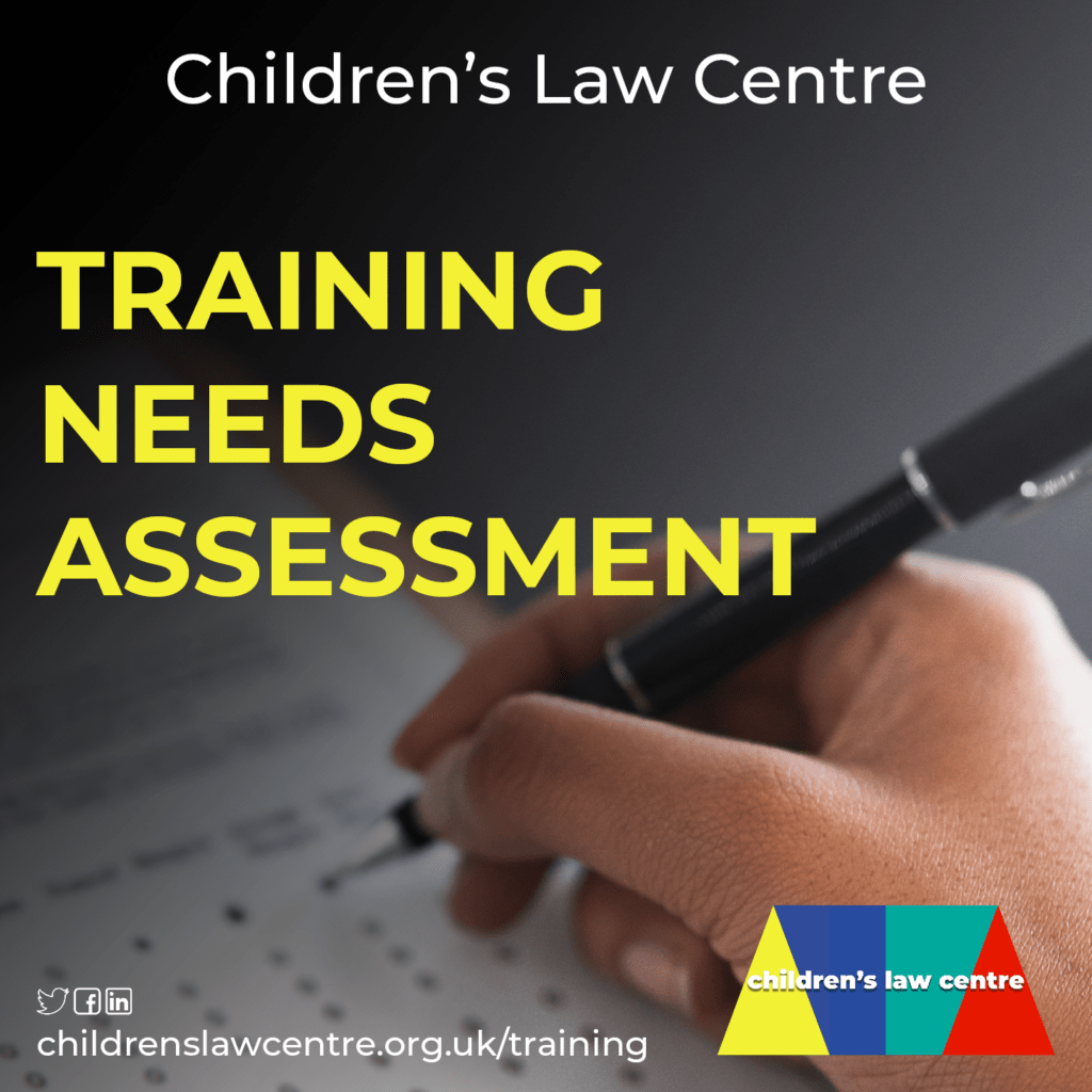 Decorative image with text reading:

"Children's Law Centre

Training Needs Assessment".